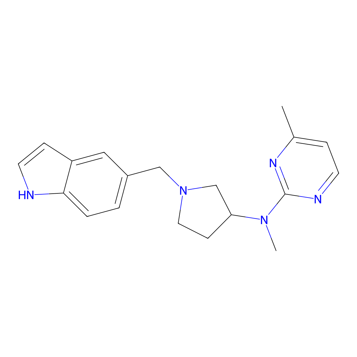 N-{1-[(1H-indol-5-yl)methyl]pyrrolidin-3-yl}-N,4-dimethylpyrimidin-2-amine molecular structure, CAS 3054615-50-5