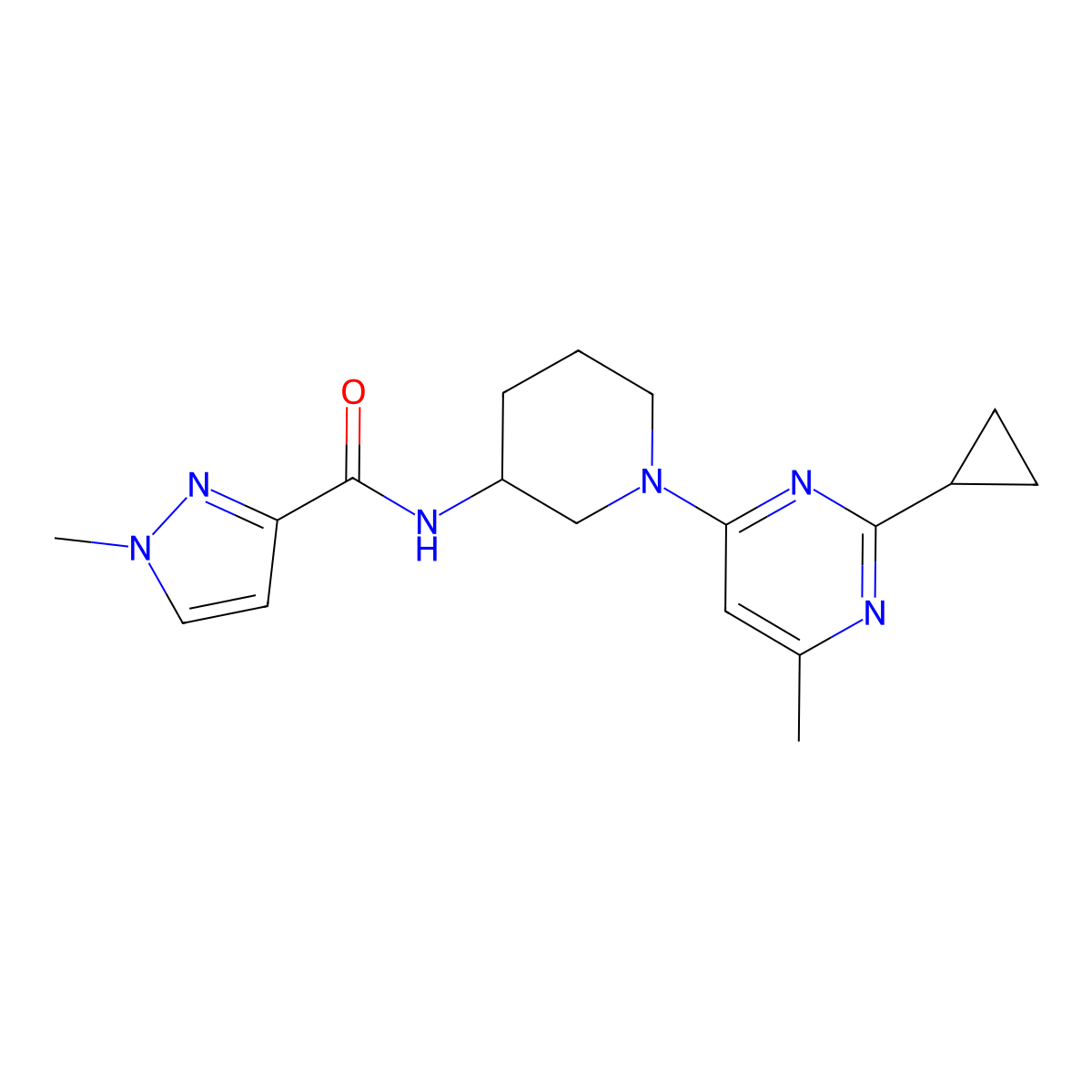 N-[1-(2-cyclopropyl-6-methylpyrimidin-4-yl)piperidin-3-yl]-1-methyl-1H-pyrazole-3-carboxamide molecular structure, CAS 3054615-52-7