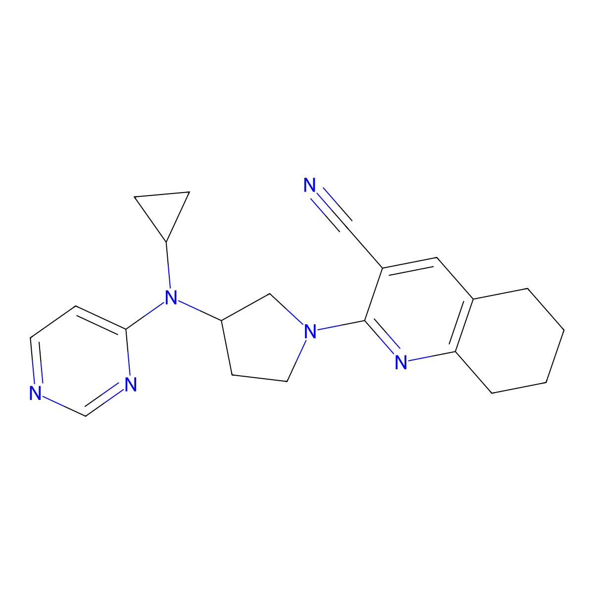 2-{3-[Cyclopropyl(pyrimidin-4-yl)amino]pyrrolidin-1-yl}-5,6,7,8-tetrahydroquinoline-3-carbonitrile molecular structure, CAS 3054615-53-8