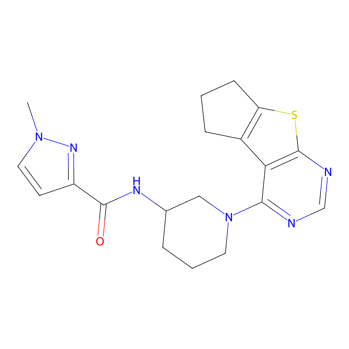1-methyl-N-(1-{7-thia-9,11-diazatricyclo[6.4.0.0(2),]dodeca-1(12),2(6),8,10-tetraen-12-yl}piperidin-3-yl)-1H-pyrazole-3-carboxamide molecular structure, CAS 3054615-57-2