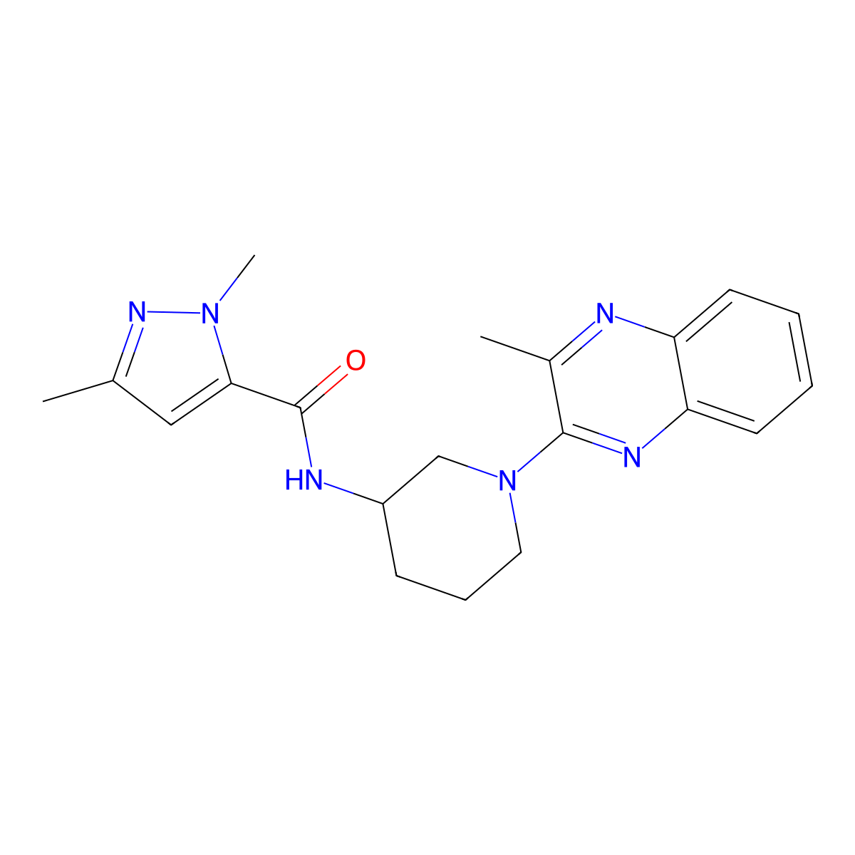 1,3-dimethyl-N-[1-(3-methylquinoxalin-2-yl)piperidin-3-yl]-1H-pyrazole-5-carboxamide molecular structure, CAS 3054615-59-4