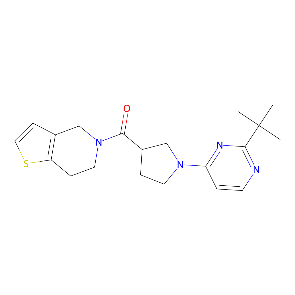 2-tert-butyl-4-(3-{4H,5H,6H,7H-thieno[3,2-c]pyridine-5-carbonyl}pyrrolidin-1-yl)pyrimidine molecular structure, CAS 3054615-63-0