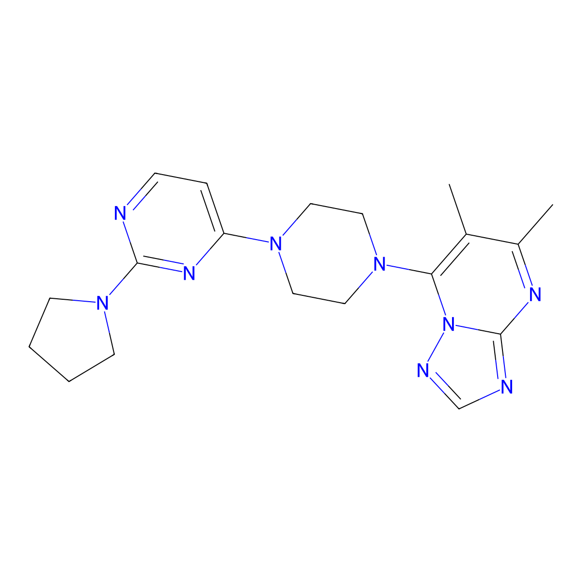 4-(4-{5,6-Dimethyl-[1,2,4]triazolo[1,5-a]pyrimidin-7-yl}piperazin-1-yl)-2-(pyrrolidin-1-yl)pyrimidine molecular structure, CAS 3054615-65-2