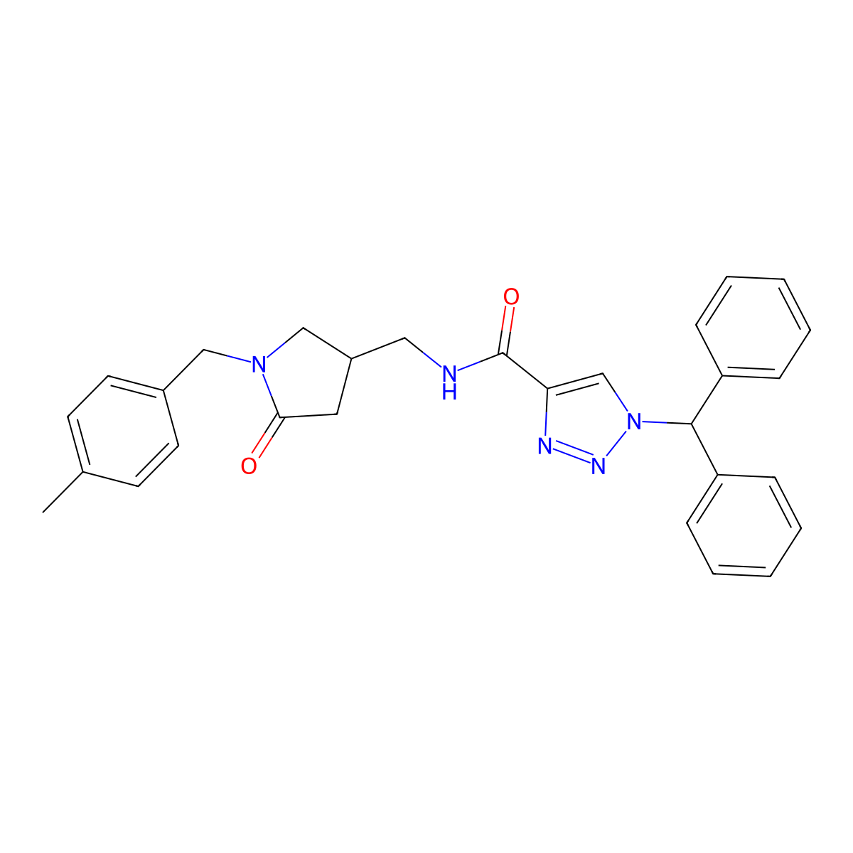 1-(diphenylmethyl)-N-({1-[(4-methylphenyl)methyl]-5-oxopyrrolidin-3-yl}methyl)-1H-1,2,3-triazole-4-carboxamide molecular structure, CAS 3054615-67-4