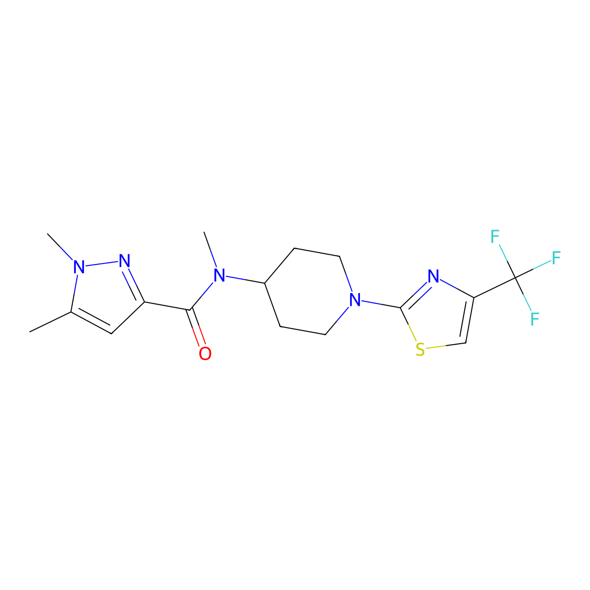 N,1,5-trimethyl-N-{1-[4-(trifluoromethyl)-1,3-thiazol-2-yl]piperidin-4-yl}-1H-pyrazole-3-carboxamide molecular structure, CAS 3054615-70-9