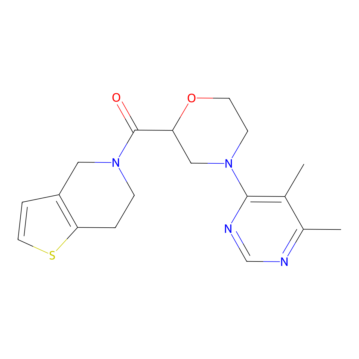 4-(5,6-dimethylpyrimidin-4-yl)-2-{4H,5H,6H,7H-thieno[3,2-c]pyridine-5-carbonyl}morpholine molecular structure, CAS 3054615-74-3