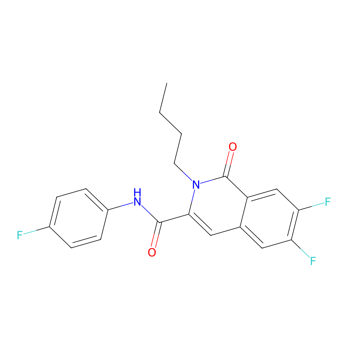 2-butyl-6,7-difluoro-N-(4-fluorophenyl)-1-oxo-1,2-dihydroisoquinoline-3-carboxamide molecular structure, CAS 3054615-75-4