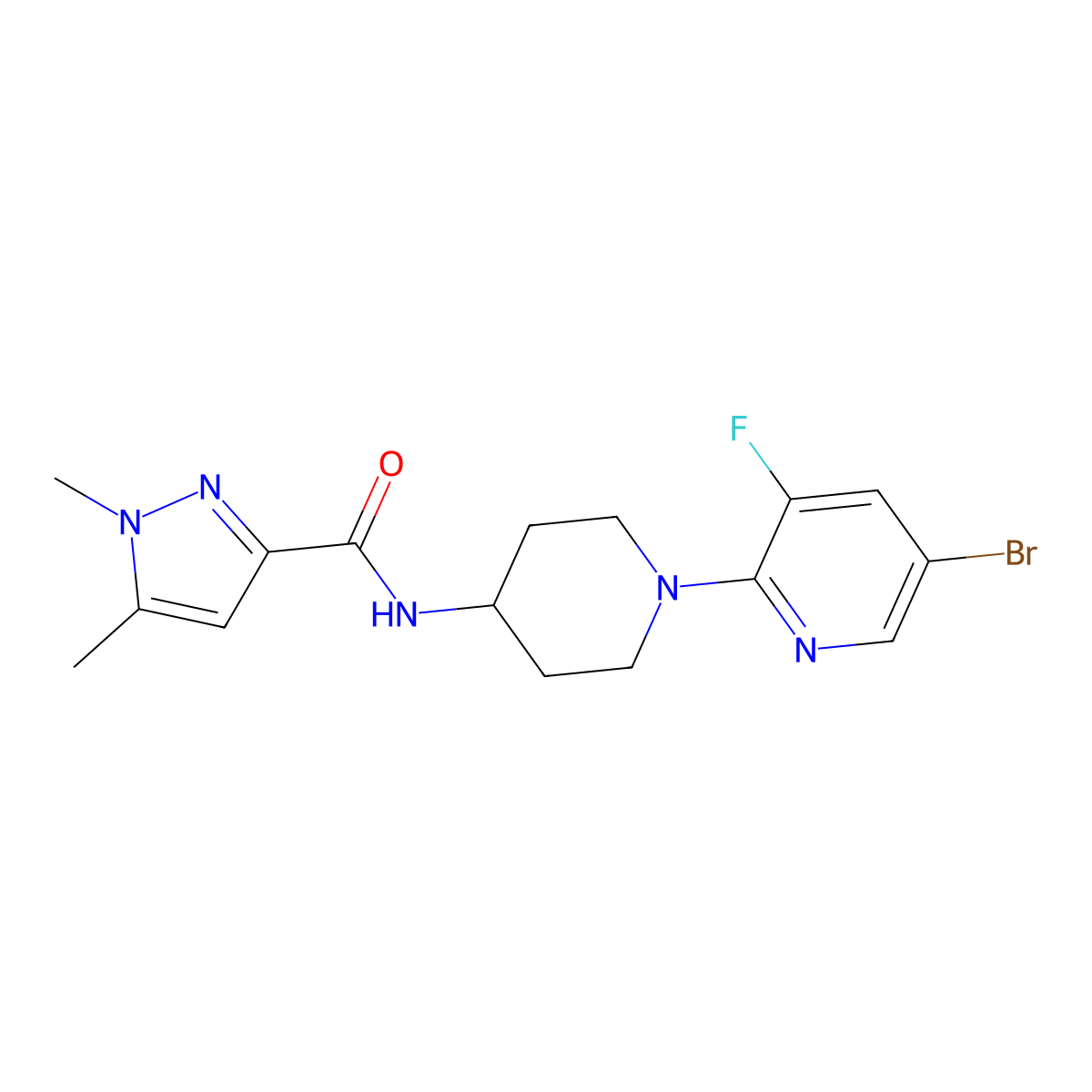 N-[1-(5-bromo-3-fluoropyridin-2-yl)piperidin-4-yl]-1,5-dimethyl-1H-pyrazole-3-carboxamide molecular structure, CAS 3054615-78-7