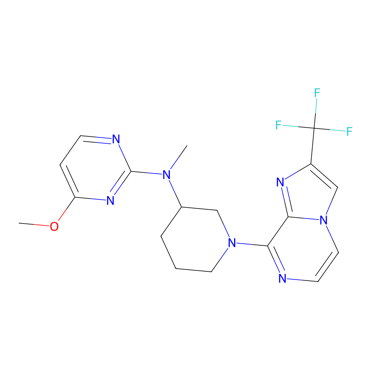 4-methoxy-N-methyl-N-[1-[2-(trifluoromethyl)imidazo[1,2-a]pyrazin-8-yl]piperidin-3-yl]pyrimidin-2-amine molecular structure, CAS 3054615-84-5