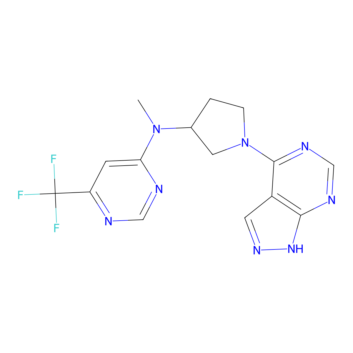 N-methyl-N-[1-(1H-pyrazolo[5,4-d]pyrimidin-4-yl)pyrrolidin-3-yl]-6-(trifluoromethyl)pyrimidin-4-amine molecular structure, CAS 3054615-89-0