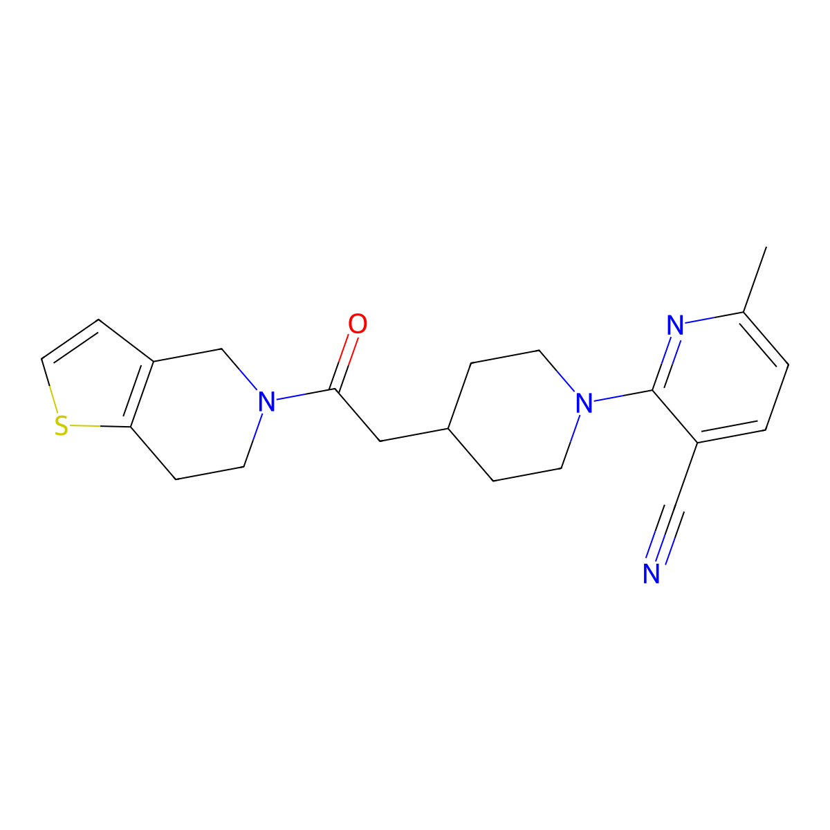 6-methyl-2-[4-(2-oxo-2-{4H,5H,6H,7H-thieno[3,2-c]pyridin-5-yl}ethyl)piperidin-1-yl]pyridine-3-carbonitrile molecular structure, CAS 3054615-90-3