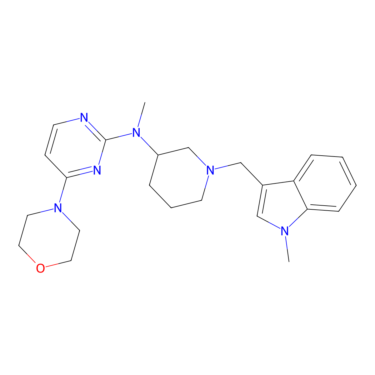 N-methyl-N-[1-[(1-methylindol-3-yl)methyl]piperidin-3-yl]-4-morpholin-4-ylpyrimidin-2-amine molecular structure, CAS 3054615-94-7
