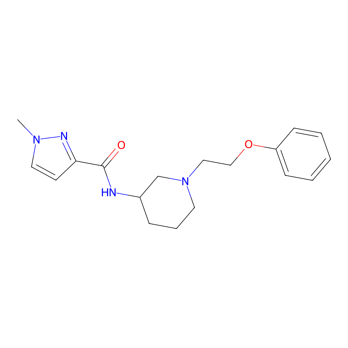 1-methyl-N-[1-(2-phenoxyethyl)piperidin-3-yl]-1H-pyrazole-3-carboxamide molecular structure, CAS 3054615-95-8