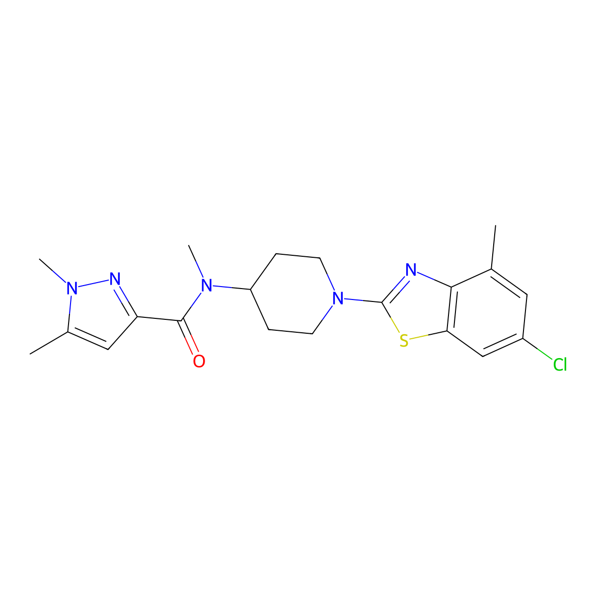 N-[1-(6-chloro-4-methyl-1,3-benzothiazol-2-yl)piperidin-4-yl]-N,1,5-trimethyl-1H-pyrazole-3-carboxamide molecular structure, CAS 3054615-97-0