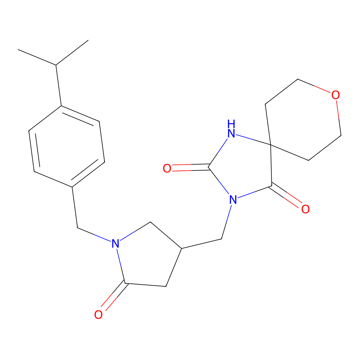 3-[(5-Oxo-1-{[4-(propan-2-yl)phenyl]methyl}pyrrolidin-3-yl)methyl]-8-oxa-1,3-diazaspiro[4.5]decane-2,4-dione molecular structure, CAS 3054615-98-1