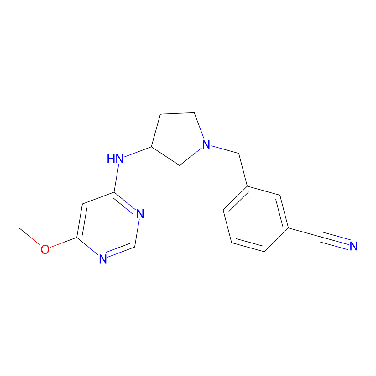 3-({3-[(6-Methoxypyrimidin-4-yl)amino]pyrrolidin-1-yl}methyl)benzonitrile molecular structure, CAS 3054616-10-0