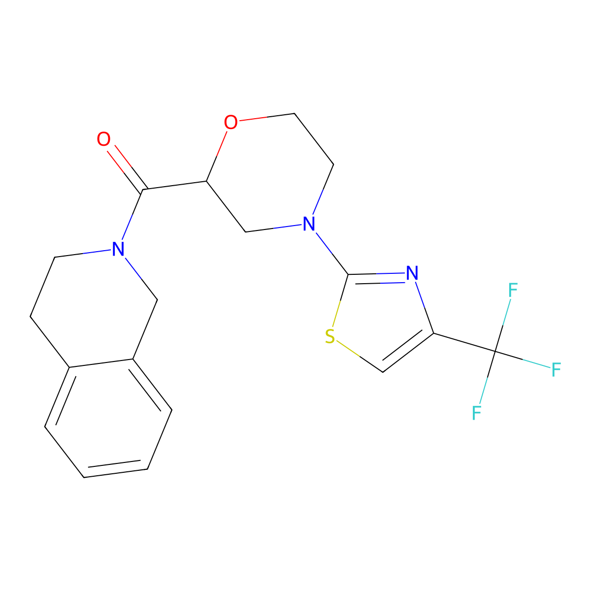 2-{4-[4-(Trifluoromethyl)-1,3-thiazol-2-yl]morpholine-2-carbonyl}-1,2,3,4-tetrahydroisoquinoline molecular structure, CAS 3054616-17-7