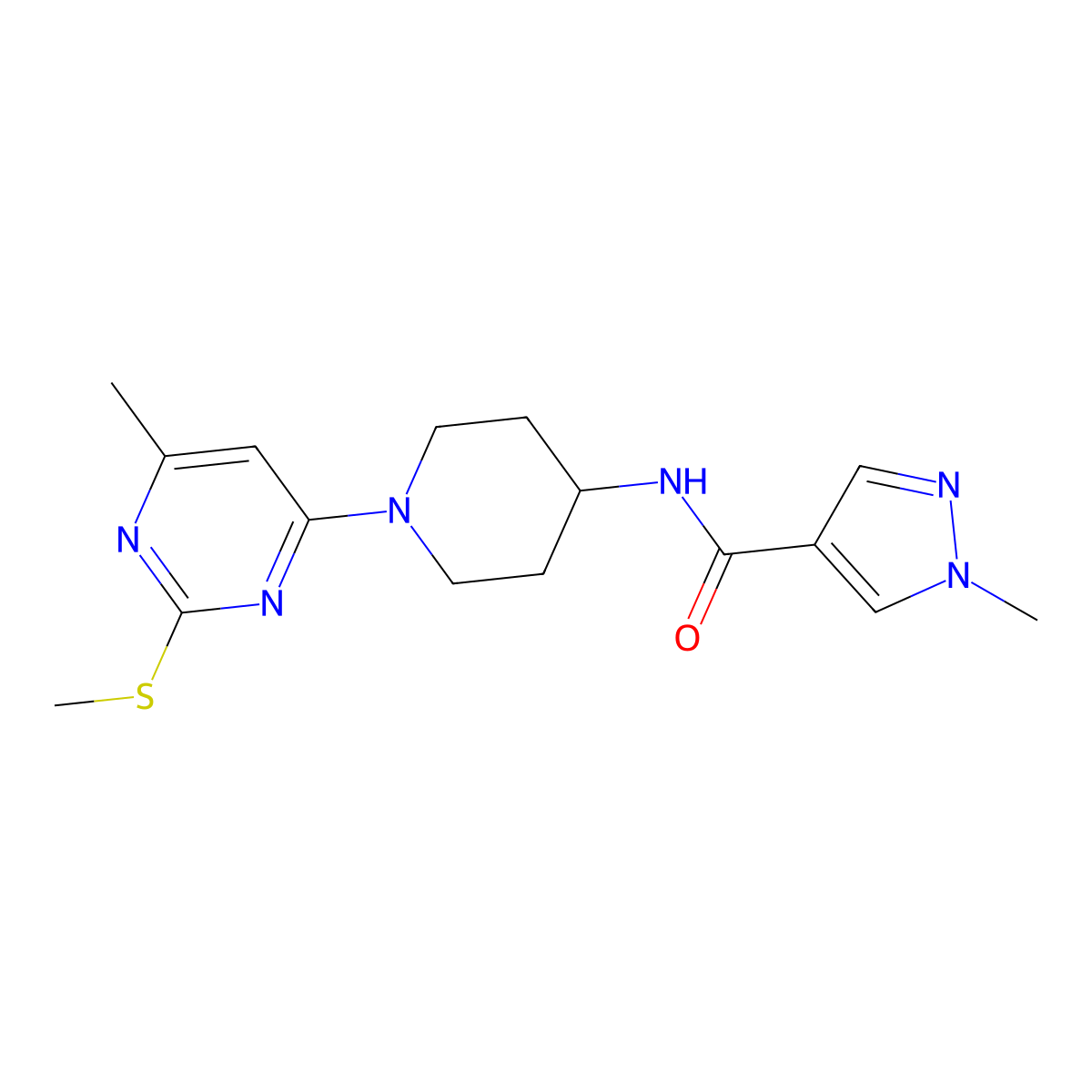 1-methyl-N-{1-[6-methyl-2-(methylsulfanyl)pyrimidin-4-yl]piperidin-4-yl}-1H-pyrazole-4-carboxamide molecular structure, CAS 3054616-19-9