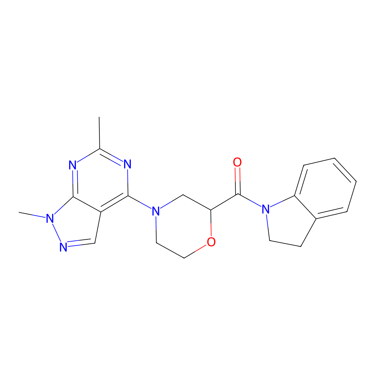 1-(4-{1,6-dimethyl-1H-pyrazolo[3,4-d]pyrimidin-4-yl}morpholine-2-carbonyl)-2,3-dihydro-1H-indole molecular structure, CAS 3054616-22-4
