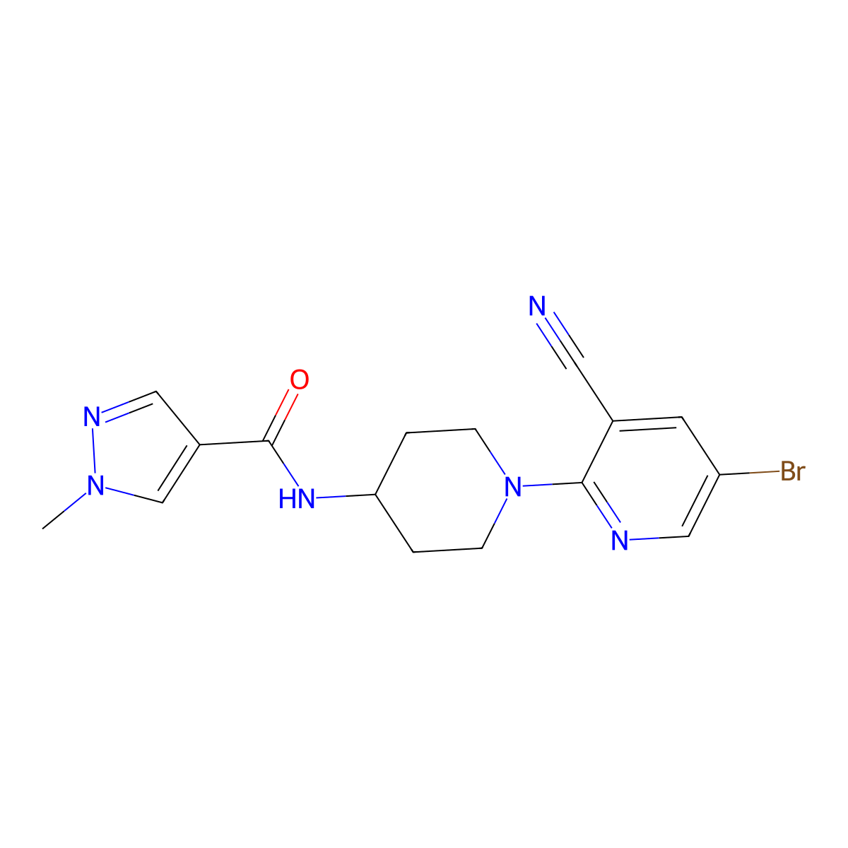 N-[1-(5-bromo-3-cyanopyridin-2-yl)piperidin-4-yl]-1-methyl-1H-pyrazole-4-carboxamide molecular structure, CAS 3054616-24-6