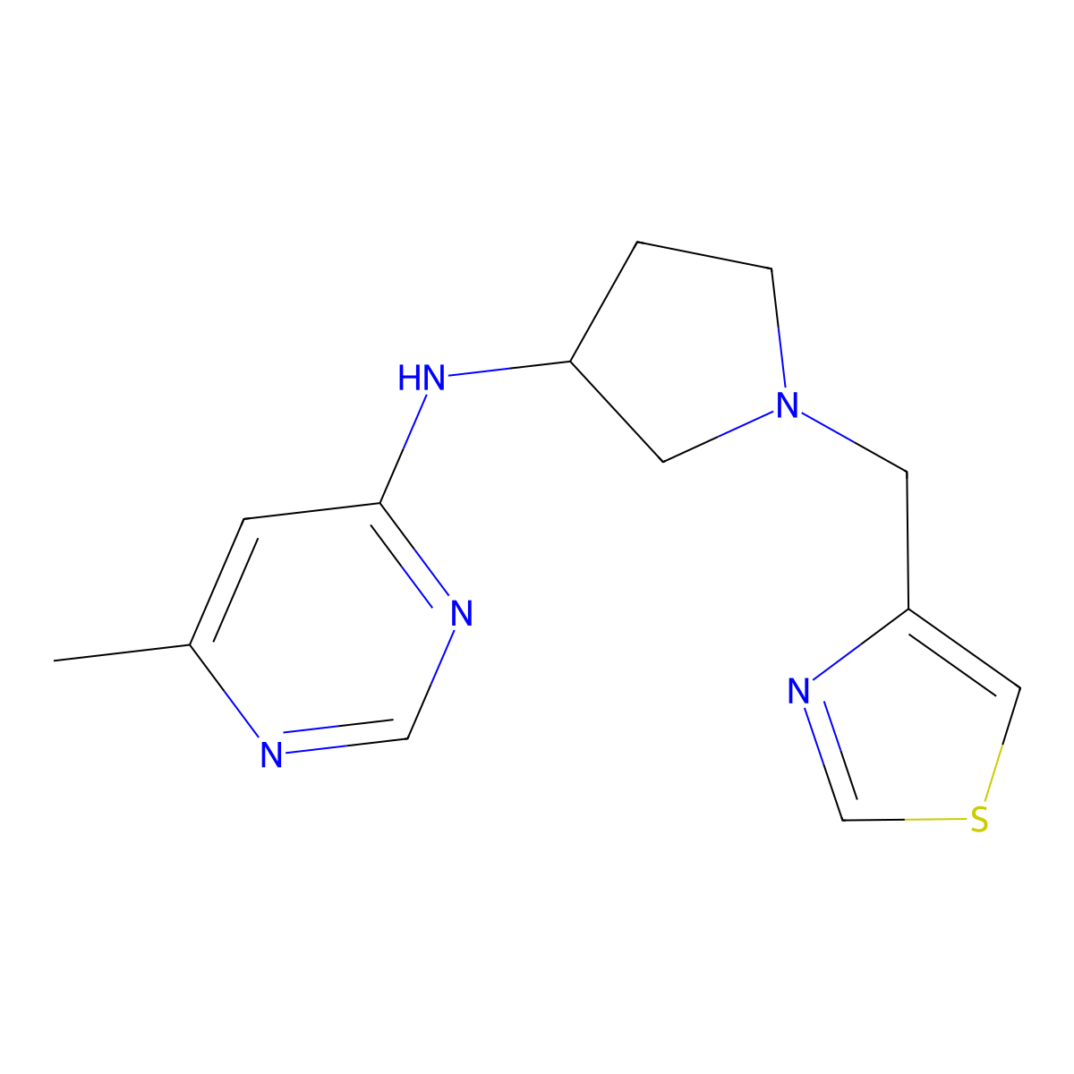 6-methyl-N-{1-[(1,3-thiazol-4-yl)methyl]pyrrolidin-3-yl}pyrimidin-4-amine molecular structure, CAS 3054616-25-7