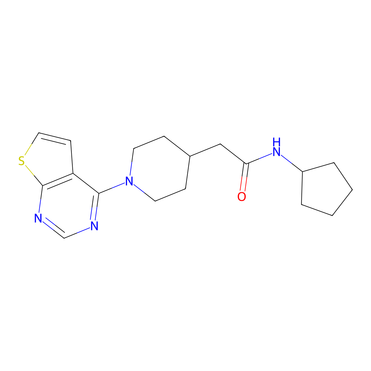 N-cyclopentyl-2-(1-{thieno[2,3-d]pyrimidin-4-yl}piperidin-4-yl)acetamide molecular structure, CAS 3054616-30-4