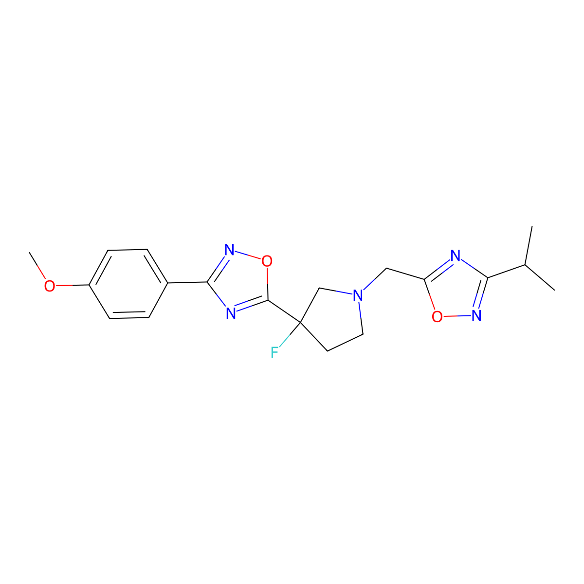 5-(3-Fluoro-1-{[3-(propan-2-yl)-1,2,4-oxadiazol-5-yl]methyl}pyrrolidin-3-yl)-3-(4-methoxyphenyl)-1,2,4-oxadiazole molecular structure, CAS 3054616-36-0
