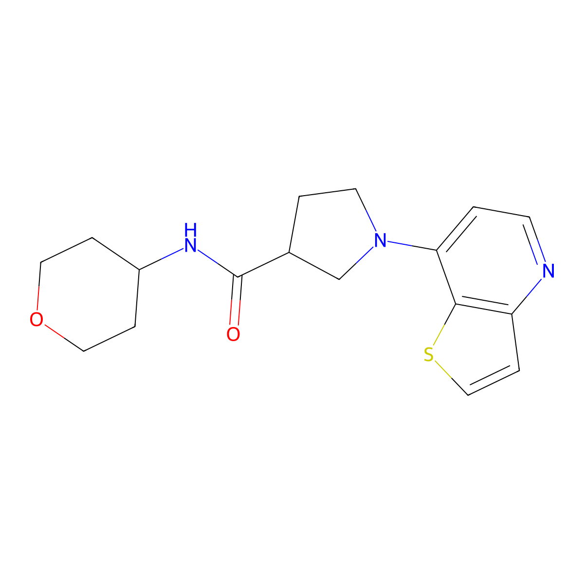 N-(oxan-4-yl)-1-{thieno[3,2-b]pyridin-7-yl}pyrrolidine-3-carboxamide molecular structure, CAS 3054616-37-1