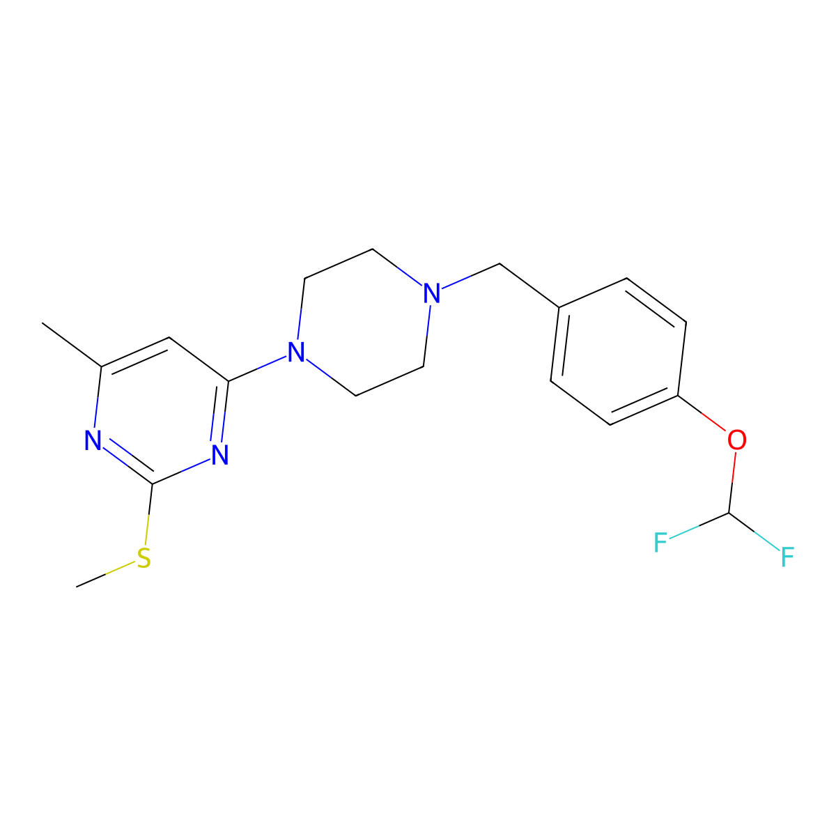 4-(4-{[4-(Difluoromethoxy)phenyl]methyl}piperazin-1-yl)-6-methyl-2-(methylsulfanyl)pyrimidine molecular structure, CAS 3054616-51-9
