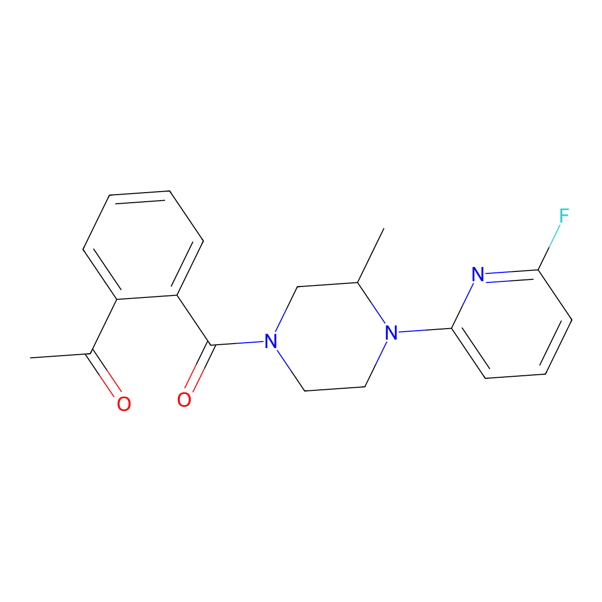 1-{2-[4-(6-Fluoropyridin-2-yl)-3-methylpiperazine-1-carbonyl]phenyl}ethan-1-one molecular structure, CAS 3054616-61-1