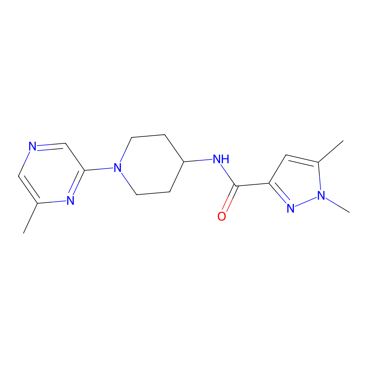 1,5-dimethyl-N-[1-(6-methylpyrazin-2-yl)piperidin-4-yl]-1H-pyrazole-3-carboxamide molecular structure, CAS 3054616-73-5