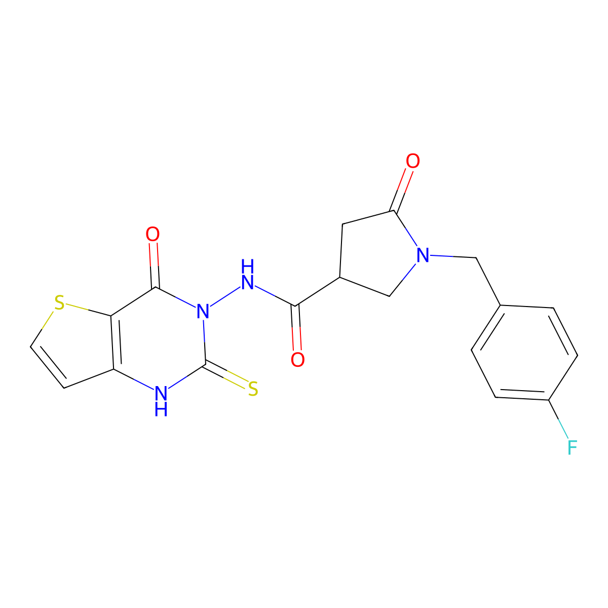 1-[(4-fluorophenyl)methyl]-5-oxo-N-{4-oxo-2-sulfanylidene-1H,2H,3H,4H-thieno[3,2-d]pyrimidin-3-yl}pyrrolidine-3-carboxamide molecular structure, CAS 3054616-74-6