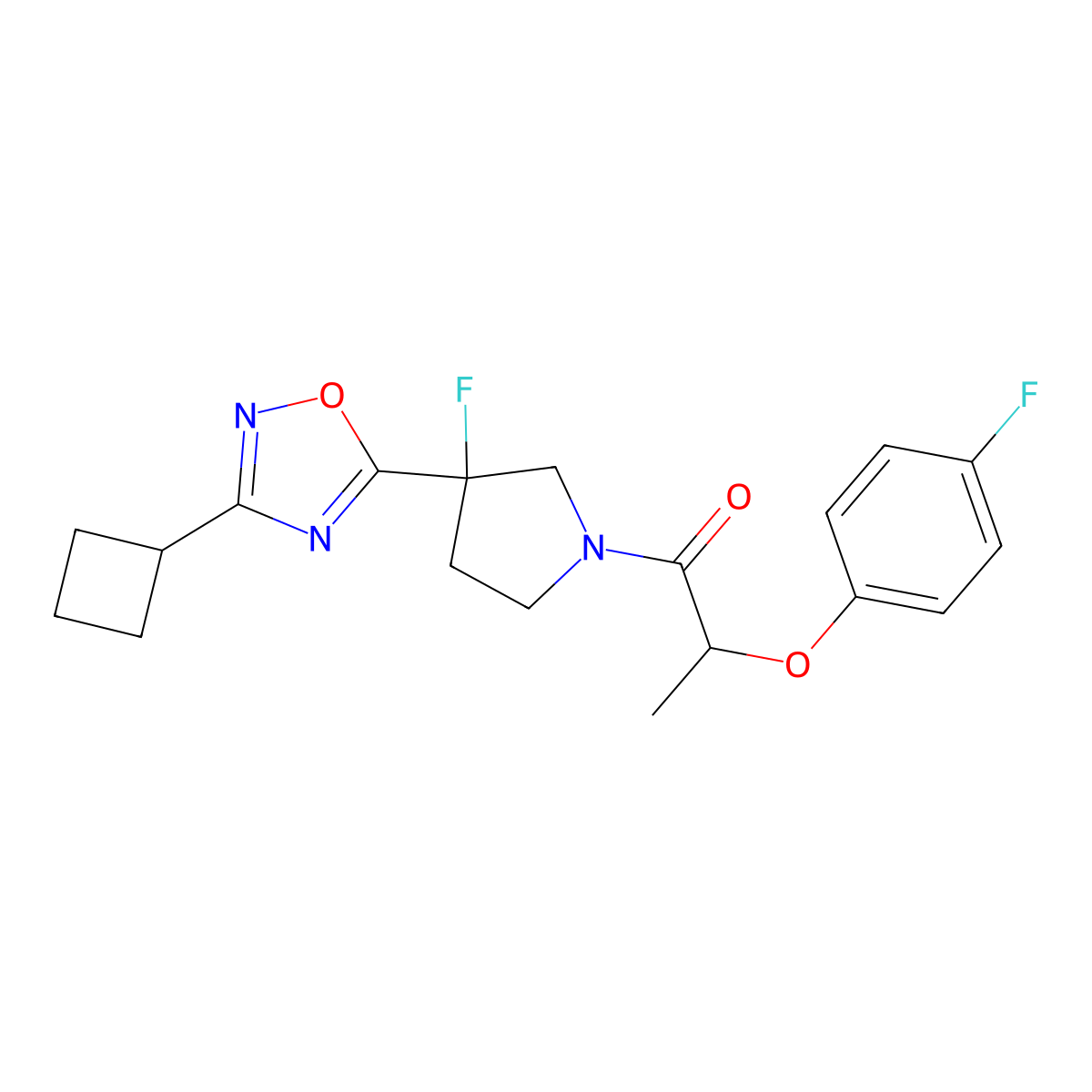 1-[3-(3-Cyclobutyl-1,2,4-oxadiazol-5-yl)-3-fluoropyrrolidin-1-yl]-2-(4-fluorophenoxy)propan-1-one molecular structure, CAS 3054616-80-4