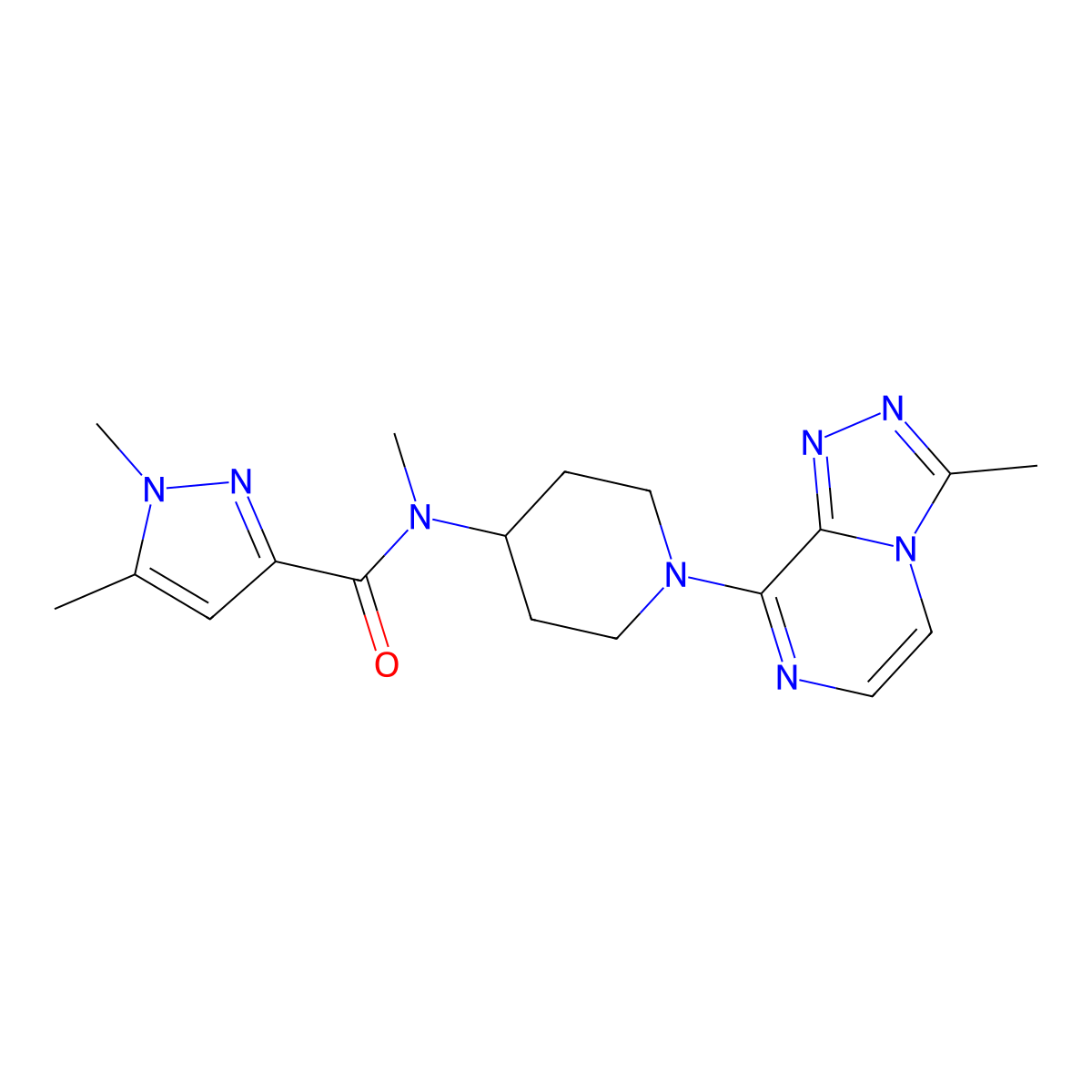 N,1,5-trimethyl-N-(1-{3-methyl-[1,2,4]triazolo[4,3-a]pyrazin-8-yl}piperidin-4-yl)-1H-pyrazole-3-carboxamide molecular structure, CAS 3054616-86-0