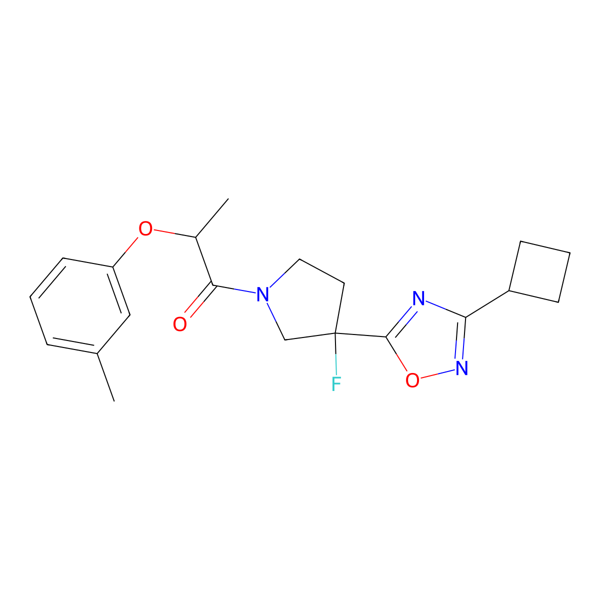1-[3-(3-Cyclobutyl-1,2,4-oxadiazol-5-yl)-3-fluoropyrrolidin-1-yl]-2-(3-methylphenoxy)propan-1-one molecular structure, CAS 3054616-93-9