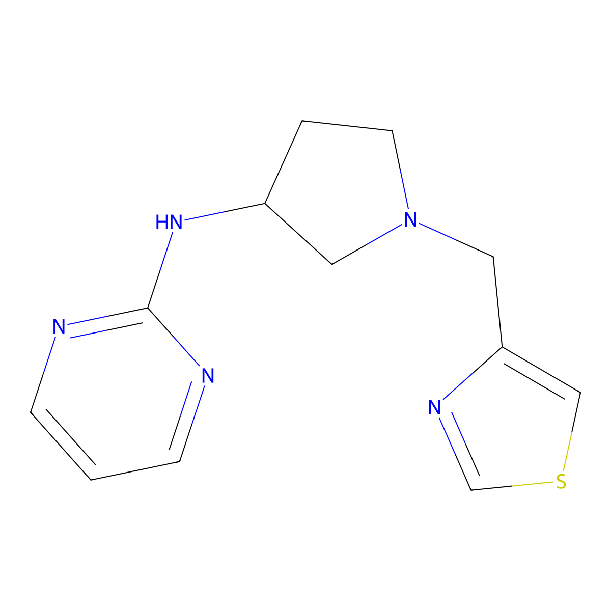 N-{1-[(1,3-thiazol-4-yl)methyl]pyrrolidin-3-yl}pyrimidin-2-amine molecular structure, CAS 3054617-01-2