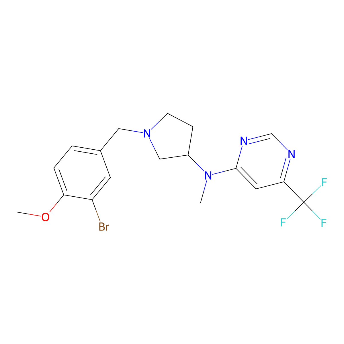 N-{1-[(3-bromo-4-methoxyphenyl)methyl]pyrrolidin-3-yl}-N-methyl-6-(trifluoromethyl)pyrimidin-4-amine molecular structure, CAS 3054617-04-5