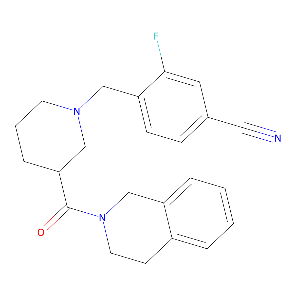 3-Fluoro-4-{[3-(1,2,3,4-tetrahydroisoquinoline-2-carbonyl)piperidin-1-yl]methyl}benzonitrile molecular structure, CAS 3054617-09-0