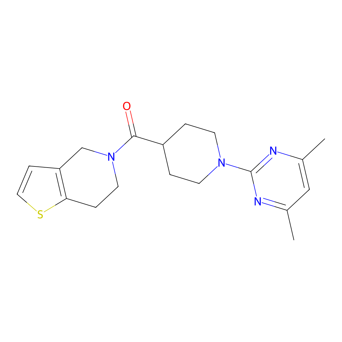 4,6-dimethyl-2-(4-{4H,5H,6H,7H-thieno[3,2-c]pyridine-5-carbonyl}piperidin-1-yl)pyrimidine molecular structure, CAS 3054617-12-5