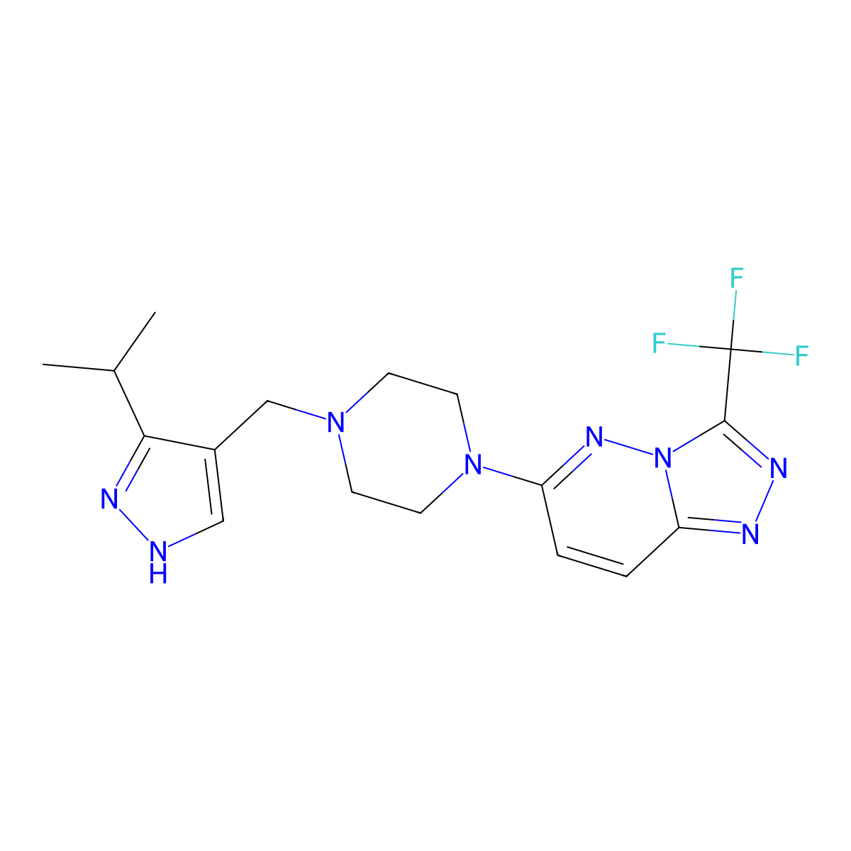 1-{[3-(propan-2-yl)-1H-pyrazol-4-yl]methyl}-4-[3-(trifluoromethyl)-[1,2,4]triazolo[4,3-b]pyridazin-6-yl]piperazine molecular structure, CAS 3054617-33-0