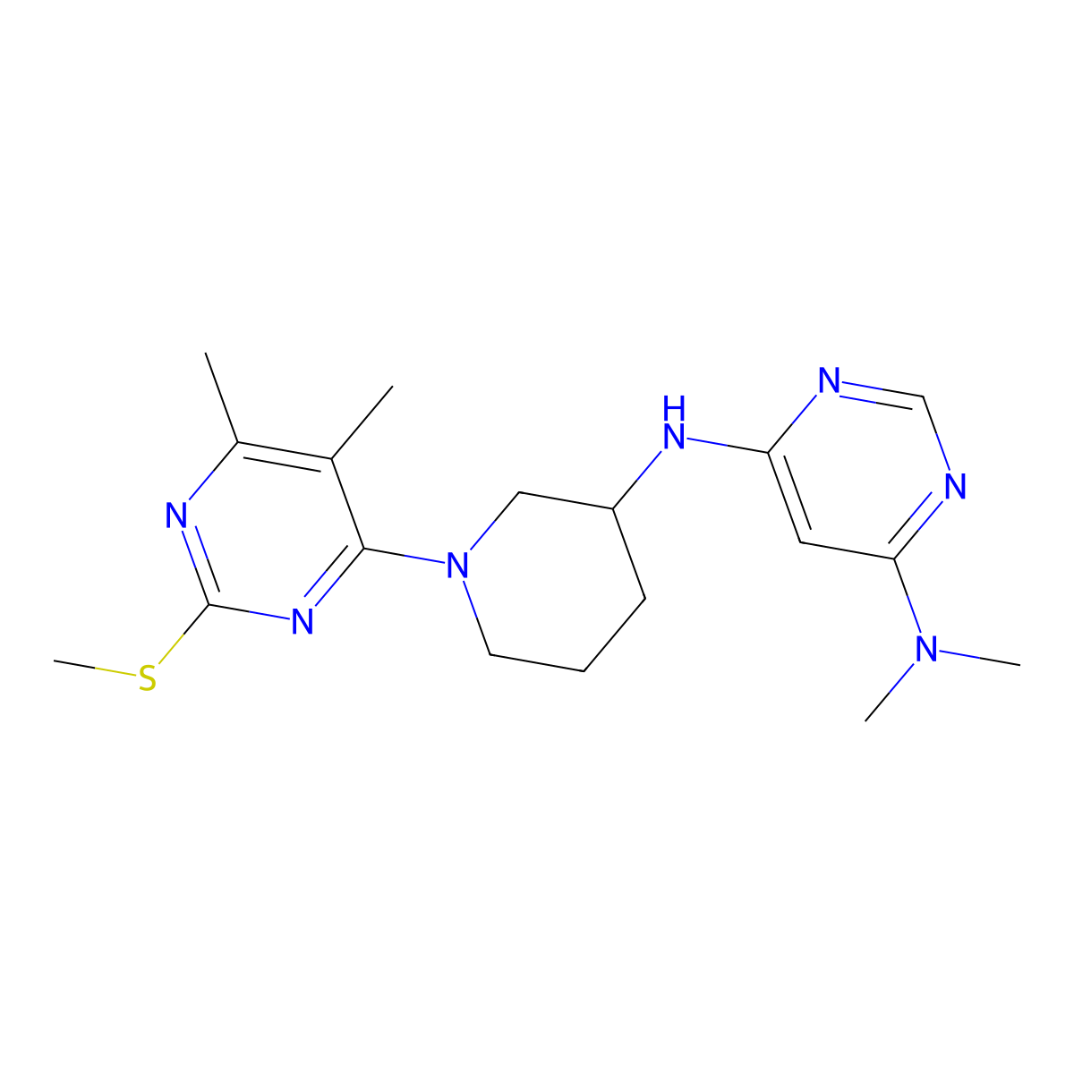 N6-{1-[5,6-dimethyl-2-(methylsulfanyl)pyrimidin-4-yl]piperidin-3-yl}-N4,N4-dimethylpyrimidine-4,6-diamine molecular structure, CAS 3054617-37-4