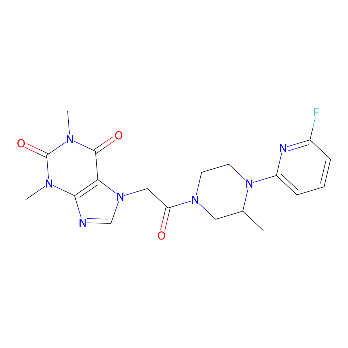 7-{2-[4-(6-fluoropyridin-2-yl)-3-methylpiperazin-1-yl]-2-oxoethyl}-1,3-dimethyl-2,3,6,7-tetrahydro-1H-purine-2,6-dione molecular structure, CAS 3054617-47-6