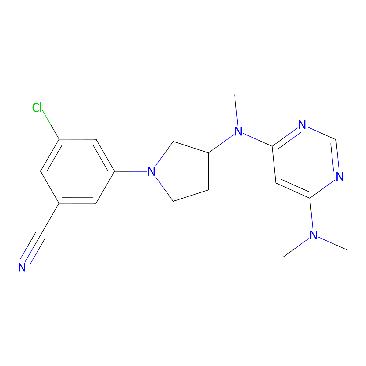 3-Chloro-5-(3-{[6-(dimethylamino)pyrimidin-4-yl](methyl)amino}pyrrolidin-1-yl)benzonitrile molecular structure, CAS 3054617-48-7