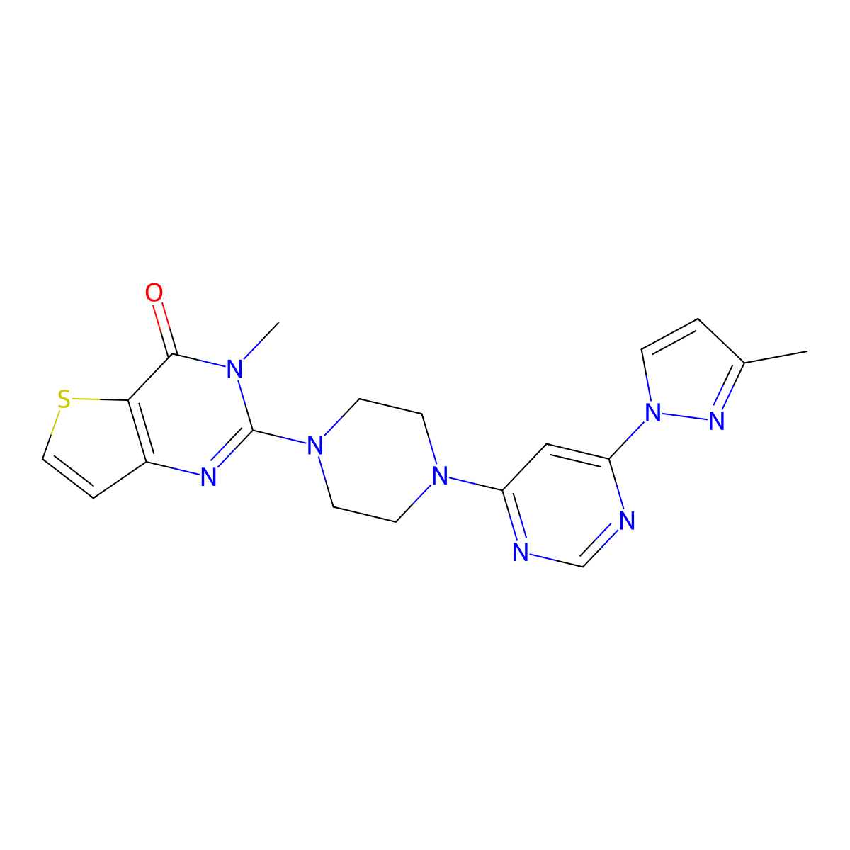 3-Methyl-2-[4-[6-(3-methylpyrazol-1-yl)pyrimidin-4-yl]piperazin-1-yl]thieno[3,2-d]pyrimidin-4-one molecular structure, CAS 3054617-49-8