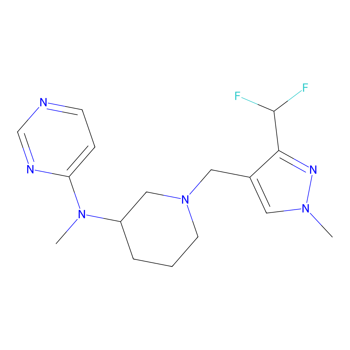 N-(1-{[3-(difluoromethyl)-1-methyl-1H-pyrazol-4-yl]methyl}piperidin-3-yl)-N-methylpyrimidin-4-amine molecular structure, CAS 3054617-55-6