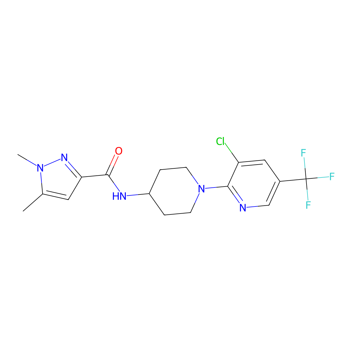 N-{1-[3-chloro-5-(trifluoromethyl)pyridin-2-yl]piperidin-4-yl}-1,5-dimethyl-1H-pyrazole-3-carboxamide molecular structure, CAS 3054617-60-3