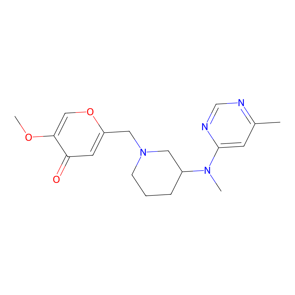 5-methoxy-2-({3-[methyl(6-methylpyrimidin-4-yl)amino]piperidin-1-yl}methyl)-4H-pyran-4-one molecular structure, CAS 3054617-65-8
