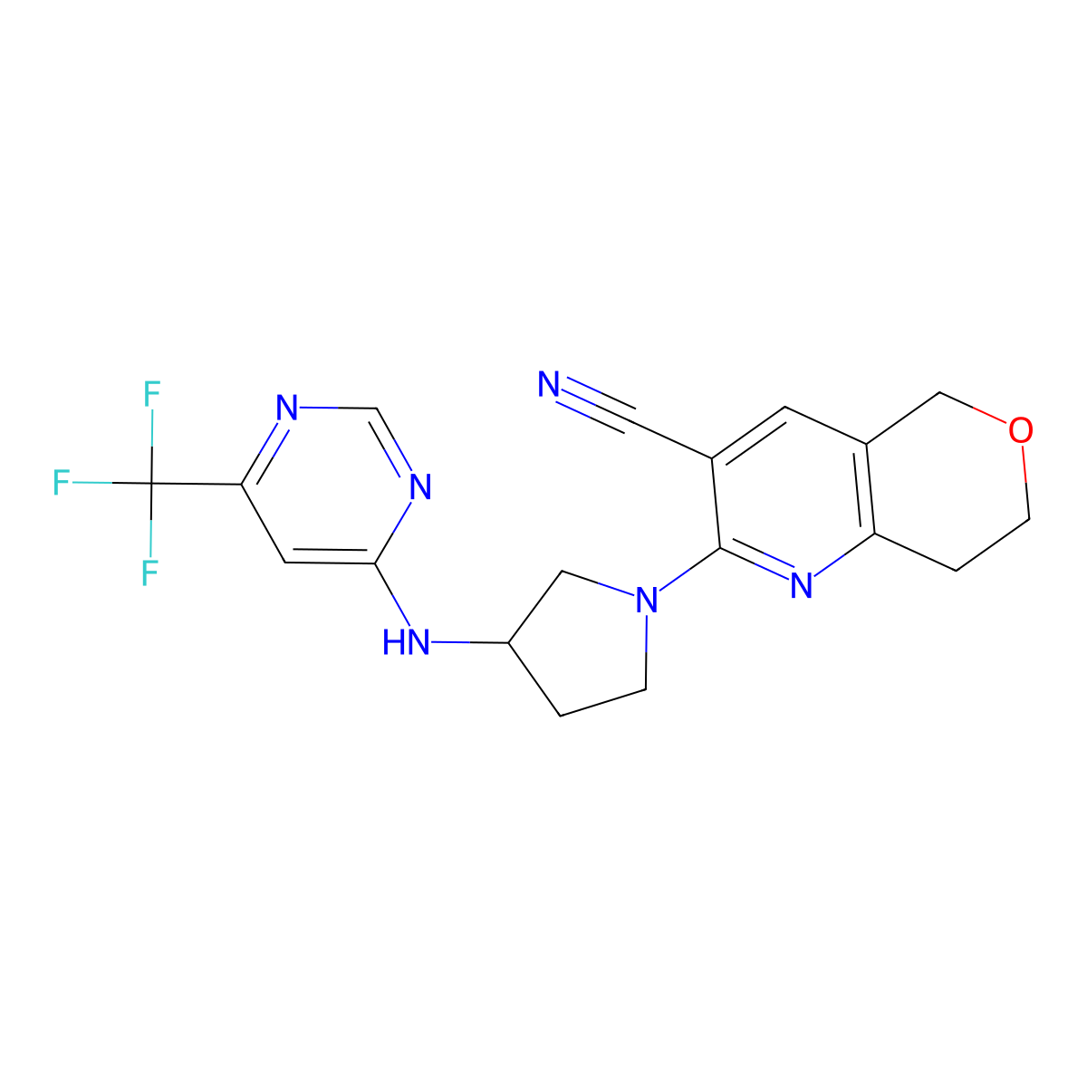 2-(3-{[6-(trifluoromethyl)pyrimidin-4-yl]amino}pyrrolidin-1-yl)-5H,7H,8H-pyrano[4,3-b]pyridine-3-carbonitrile molecular structure, CAS 3054617-68-1