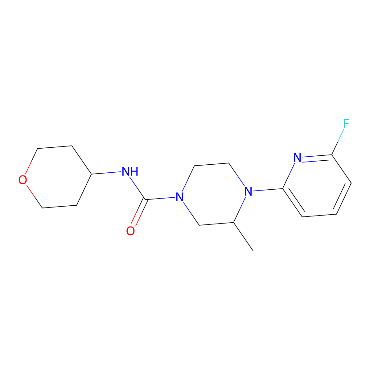 4-(6-fluoropyridin-2-yl)-3-methyl-N-(oxan-4-yl)piperazine-1-carboxamide molecular structure, CAS 3054617-69-2