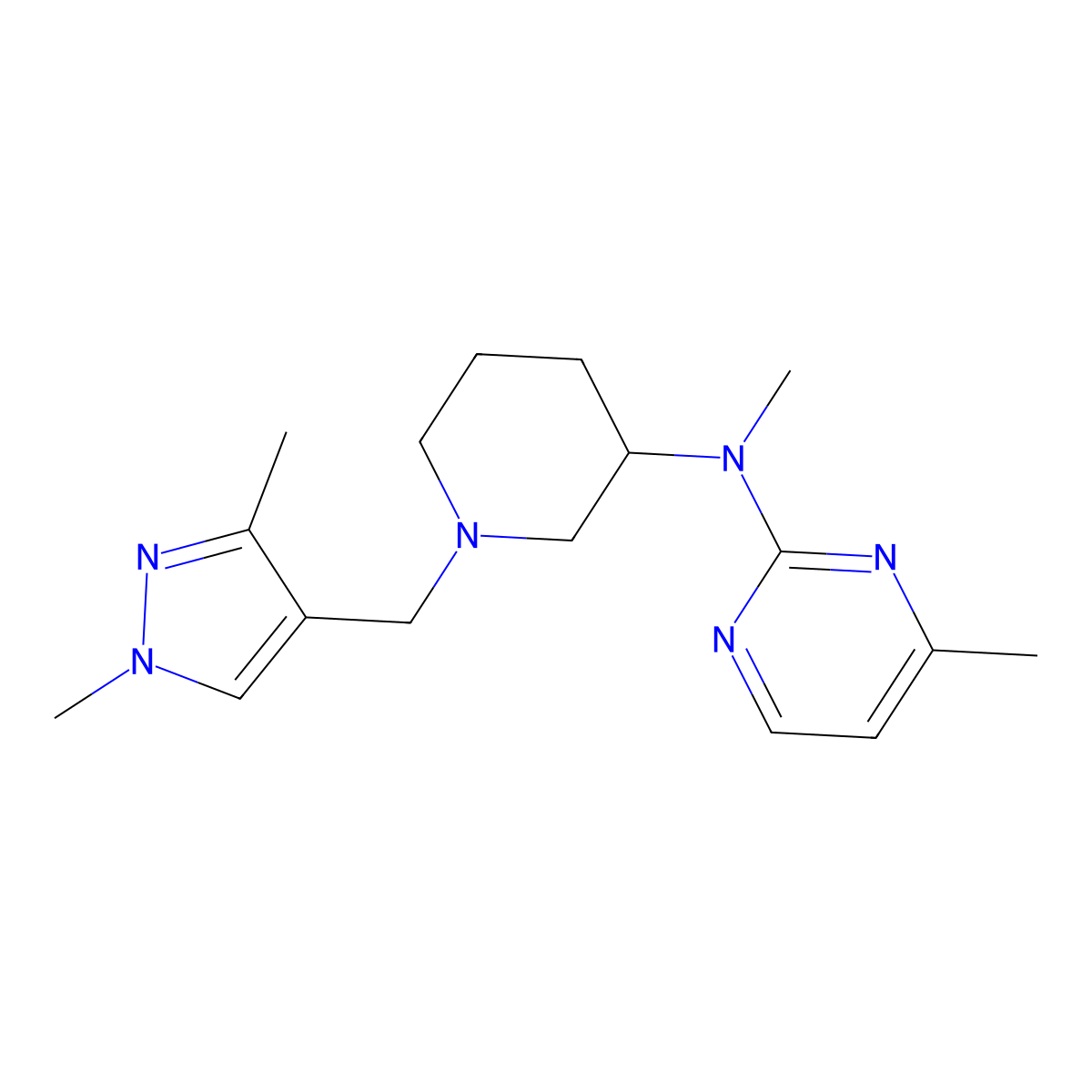 N-{1-[(1,3-dimethyl-1H-pyrazol-4-yl)methyl]piperidin-3-yl}-N,4-dimethylpyrimidin-2-amine molecular structure, CAS 3054617-70-5